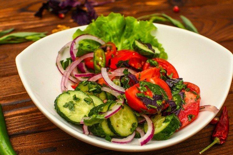 Cucumber, Tomato, Hot Pepper, and Basil Salad
