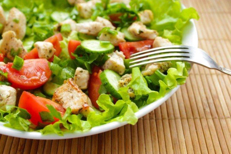 Tomato, Cucumber, Chicken, and Bryndza Salad