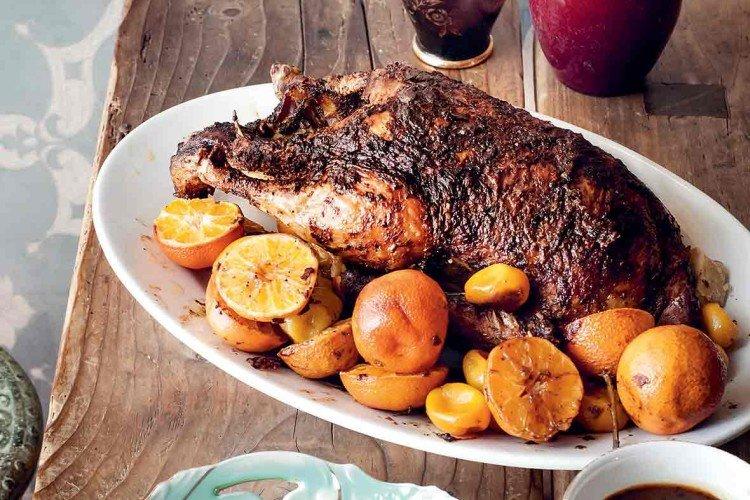 Pato con mandarinas e higos