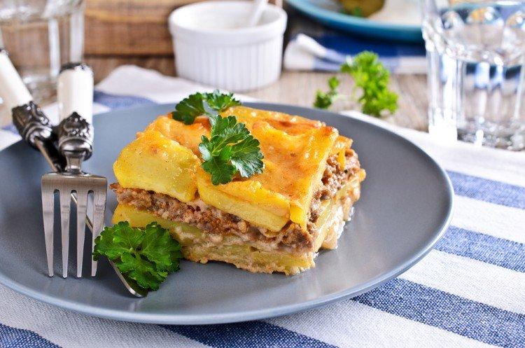 Potato Casserole with Minced Meat and Cheese Sauce