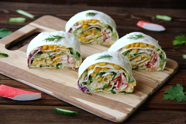 Lavash Roll with Crab Sticks and Corn