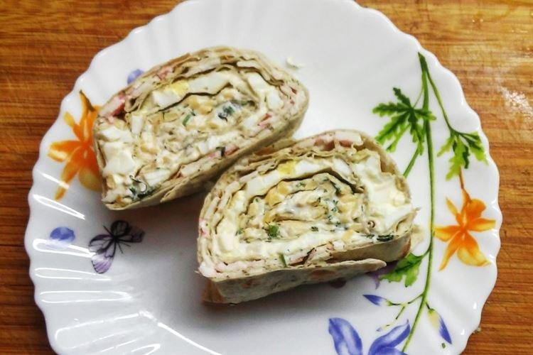 Lavash Roll with Crab Sticks and Mushrooms