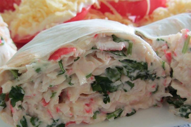 Lavash Roll with Crab Sticks and Cabbage