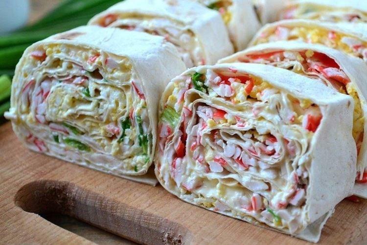 Lavash Roll with Crab Sticks and Cucumbers