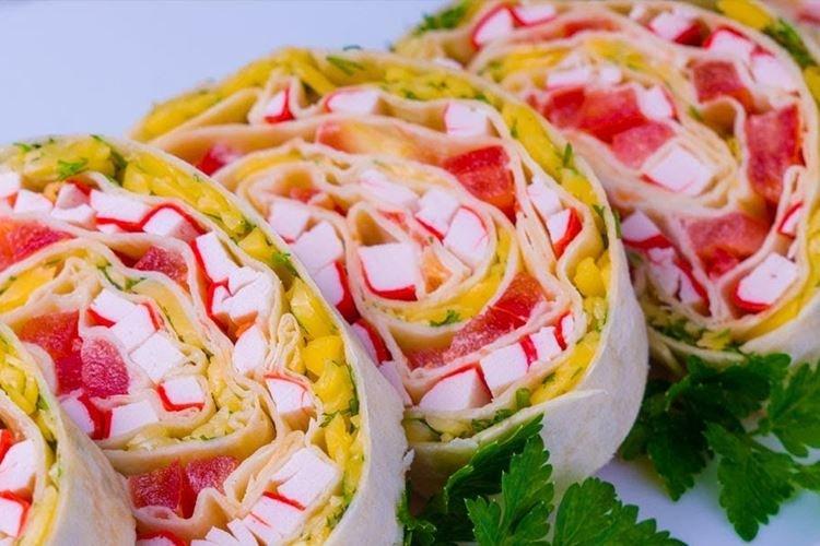 Lavash Roll with Tomatoes and Crab Sticks