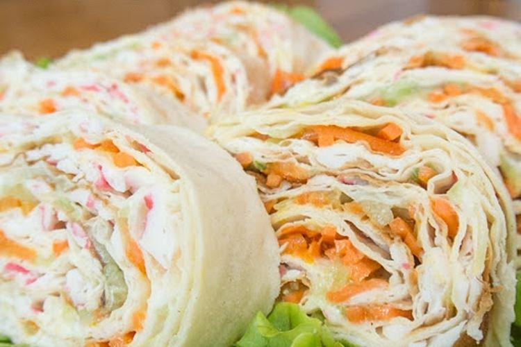 Lavash Roll with Crab Sticks and Korean Carrots