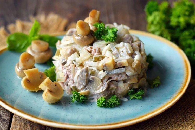 Meat Salad with Nuts and Pickled Mushrooms