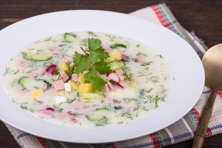 Okroshka with kefir and sausage