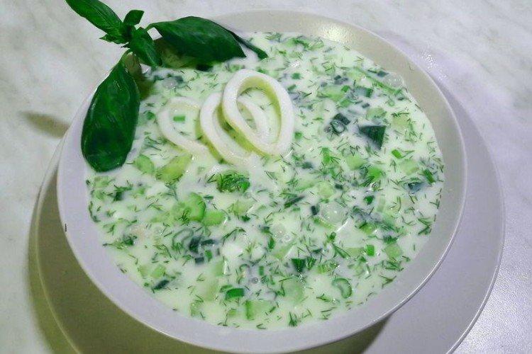 Okroshka with kefir and calamari