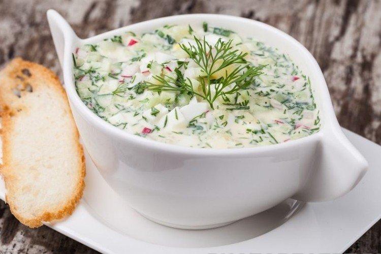 Okroshka with kefir, chicken, and cauliflower
