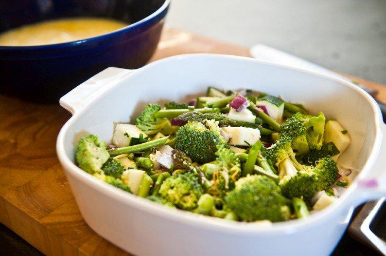 Okroshka with kefir, broccoli, and green beans