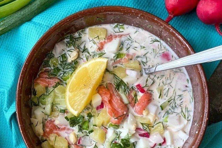 Okroshka with kefir and salmon
