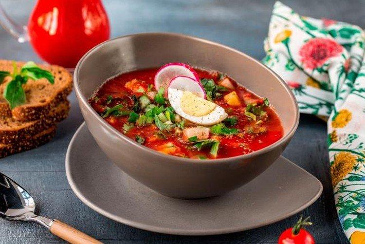 Okroshka with kefir, tomatoes, and basil