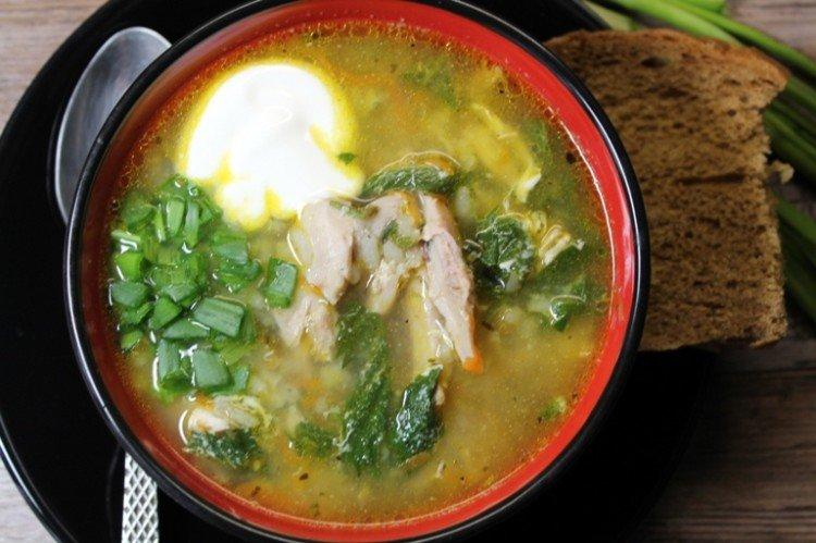 Suppe mit Fleisch, Brennnesseln und Gurkenlake