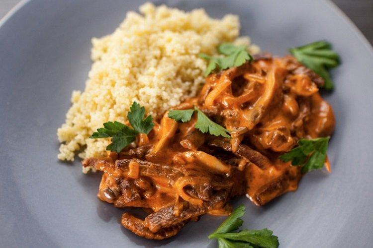 Beef Stroganoff in Mustard-Tomato Sauce