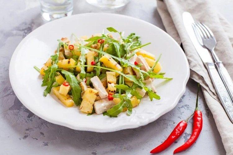 Spicy Pineapple, Smoked Chicken, and Arugula Salad