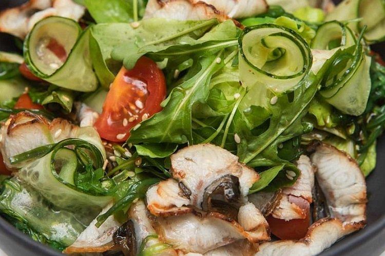 Smoked Eel, Arugula, and Vegetable Salad
