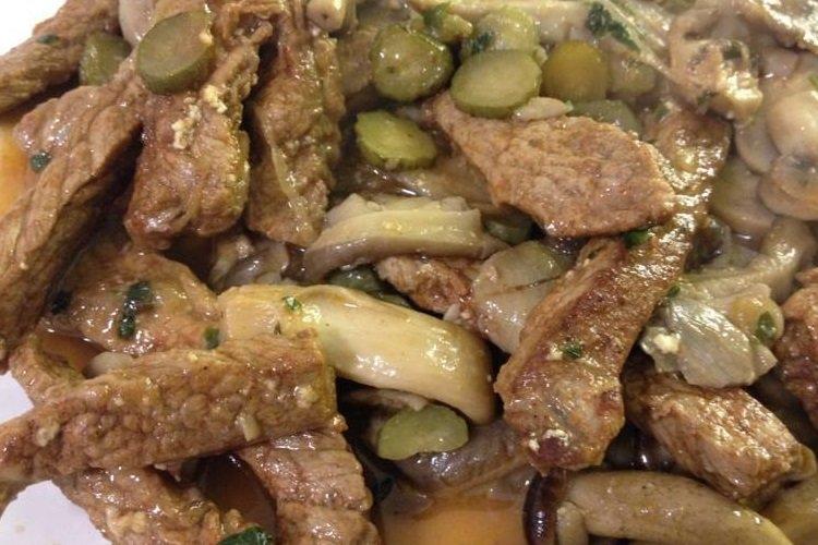 Pork Stroganoff with Pickled Cucumbers and Mushrooms