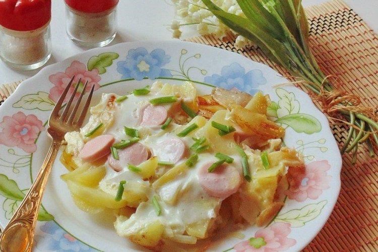 Bratkartoffeln mit Eiern und Würstchen