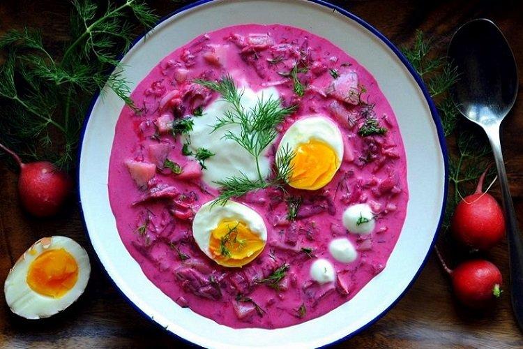 Cold Beetroot Soup with Radishes and Spinach