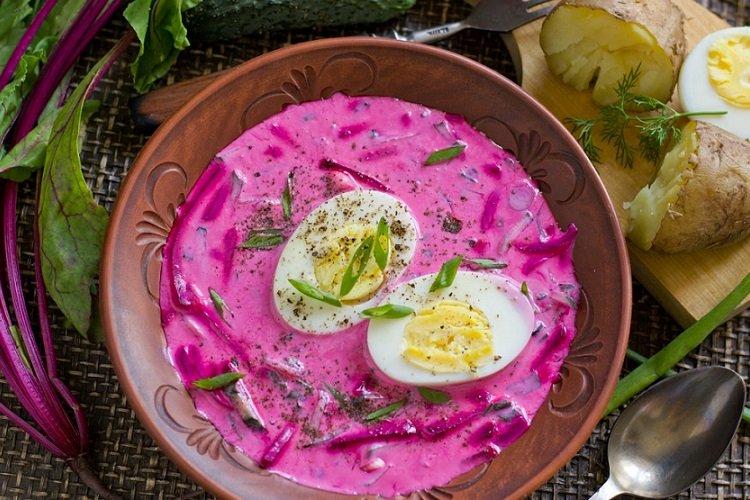 Cold Beetroot Soup with Sour Cream and Sorrel
