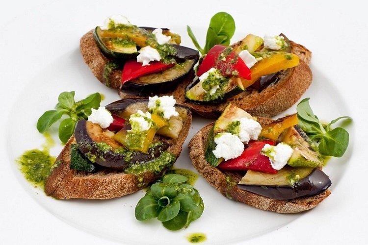 Bruschetta with Grilled Vegetables and Soft Cheese
