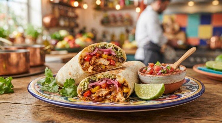 Burrito mit Hähnchen, Paprika und eingelegten Zwiebeln
