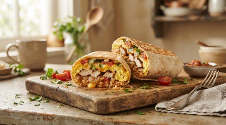 Burrito mit Hähnchen, Omelett und Reis