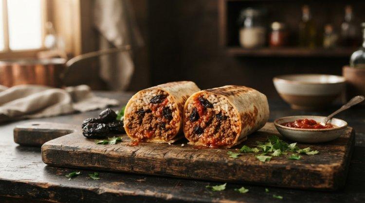 Burrito mit Rindfleisch, Reis und Pflaumen