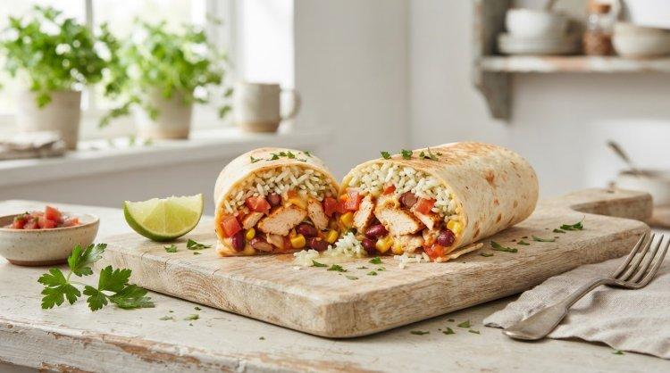 Burrito mit Hähnchen, Reis und Bohnen