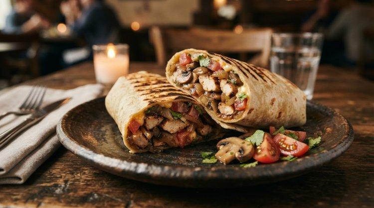 Burrito mit Hähnchen, Pilzen und süßen Zwiebeln
