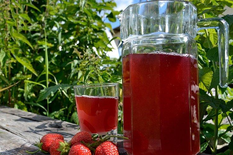 Kompott aus Erdbeeren mit Himbeer- und Johannisbeerblättern