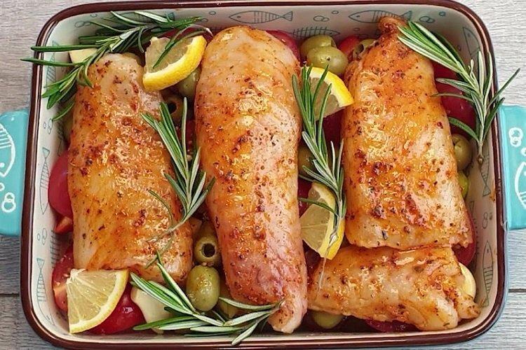 Salmon Baked with Olives, Lemon, and Rosemary