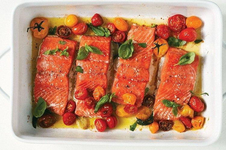 Red Fish with Cherry Tomatoes and Basil in the Oven