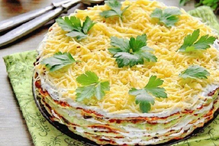 Zucchini Cake with Fried Mushrooms