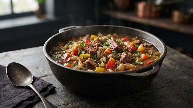Zwiebelsuppe mit Gemüse und Räucherwaren