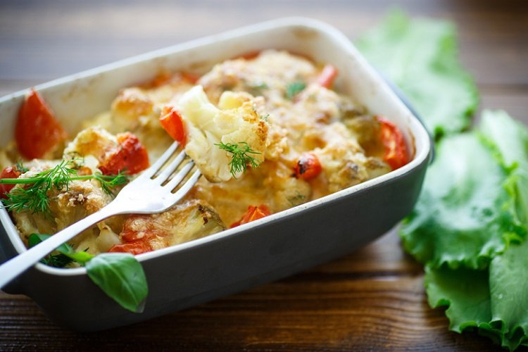 Cauliflower Casserole with Cheese and Tomatoes