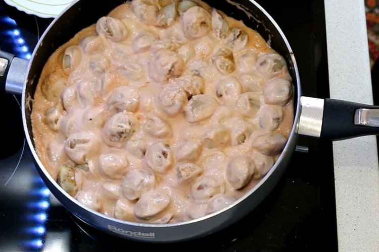 Pelmeni Fried in Sour Cream and Mustard Sauce