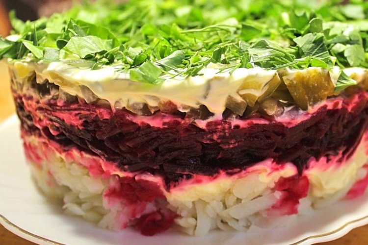 Schichtsalat aus eingelegter Rote Bete, Kartoffeln und eingelegten Gurken