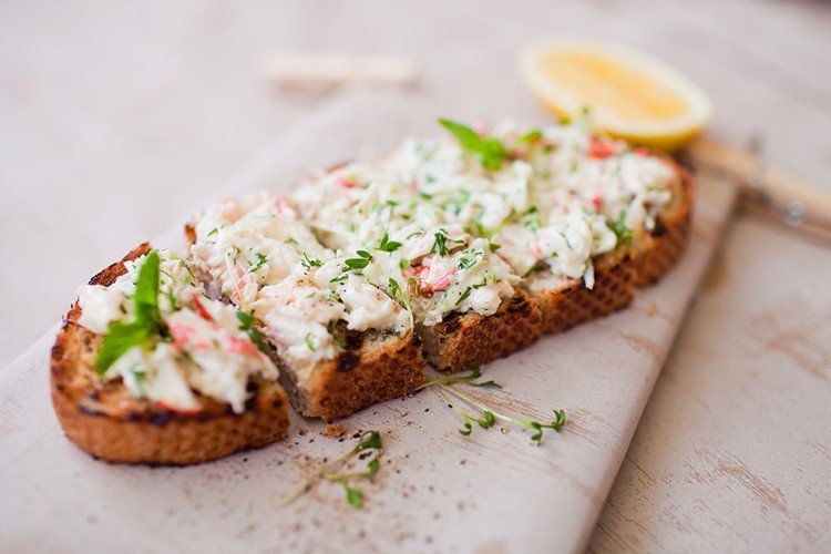 Crab Stick, Avocado, and Herb Toasts