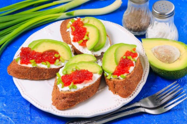 Avocado, Cream Cheese, and Red Caviar Toasts
