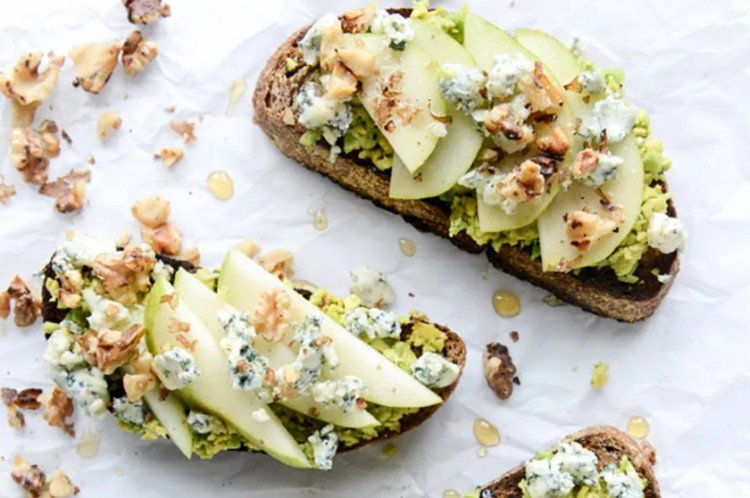 Avocado, Pear, Cheese, and Nut Toasts