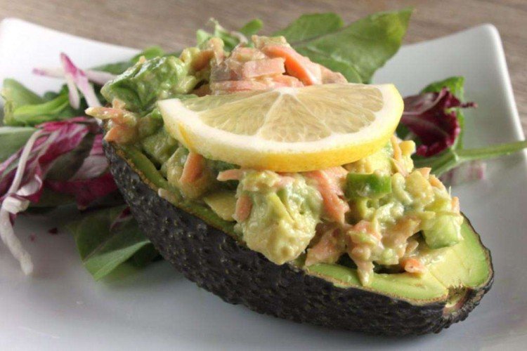 Salmon, Shrimp, Avocado, and Vegetable Salad