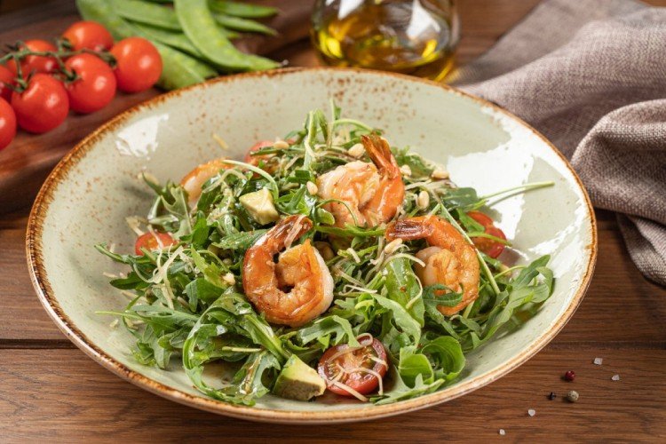 Salad with Avocado, Arugula, and Fried Shrimp