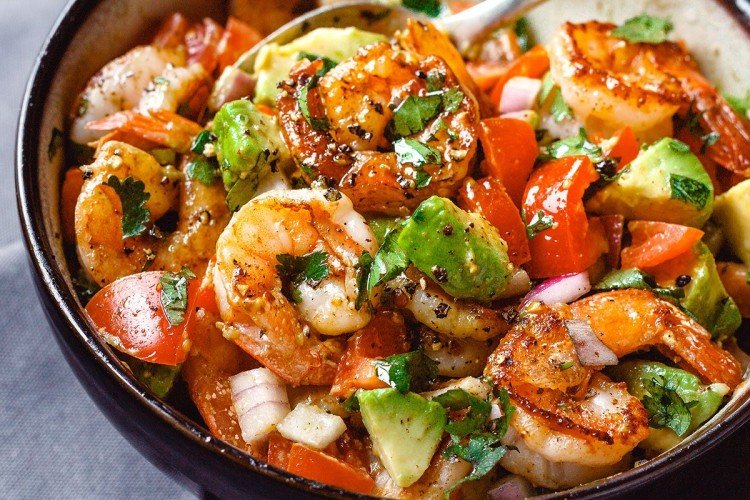 Warm Salad with Shrimp, Avocado, and Vegetables