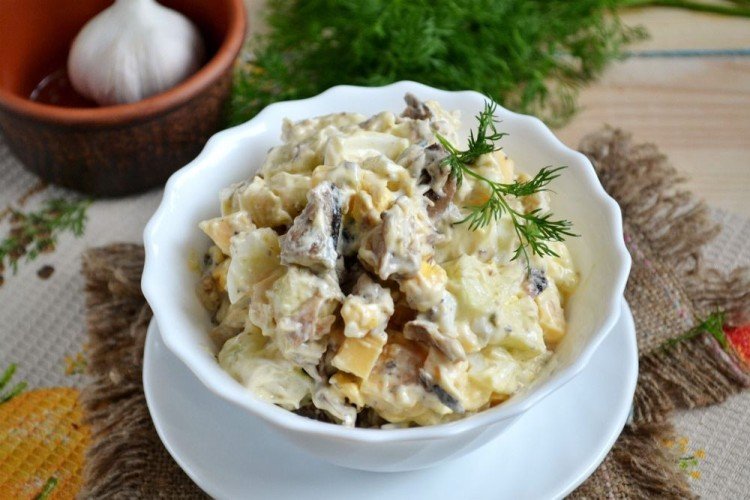 Salad with Cheese, Sprats, and Croutons