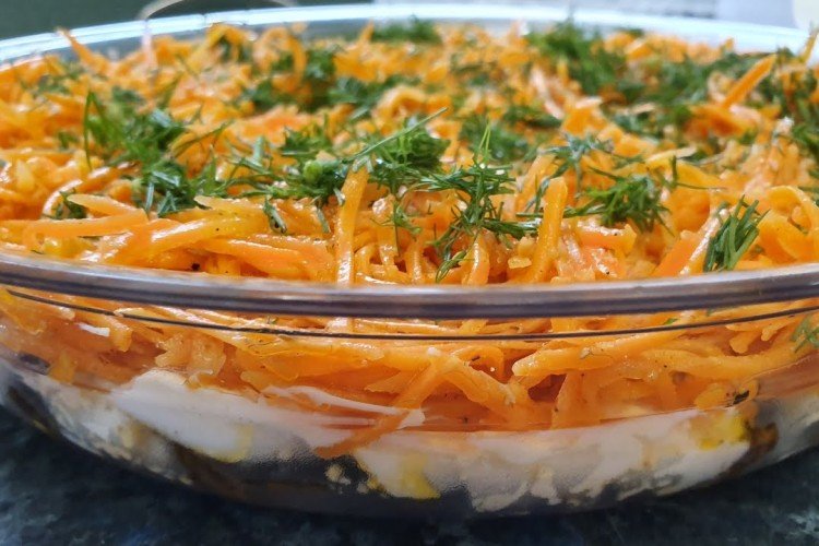Layered Salad with Smoked Chicken, Prunes, and Korean Carrots