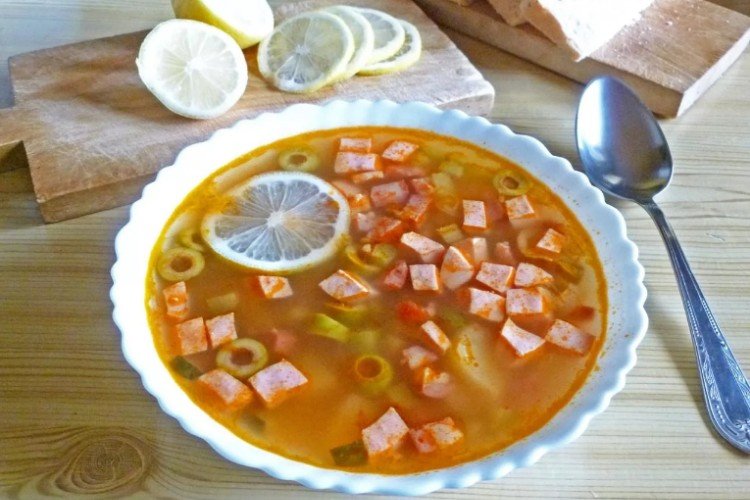 Solyanka with Boiled Sausage and Frankfurters