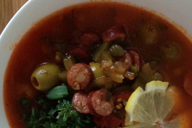 Solyanka with Boiled Sausage, Hunting Sausages, and Rice