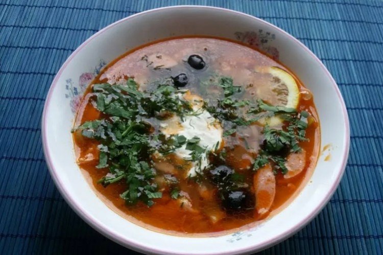 Solyanka with Boiled Sausage, Green Olives, and Capers